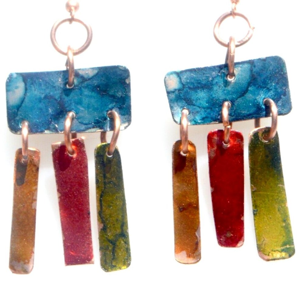 Modernist Hand Painted Colorful Solid Pure Copper Handmade Earrings Dangle Drop - Picture 1 of 5